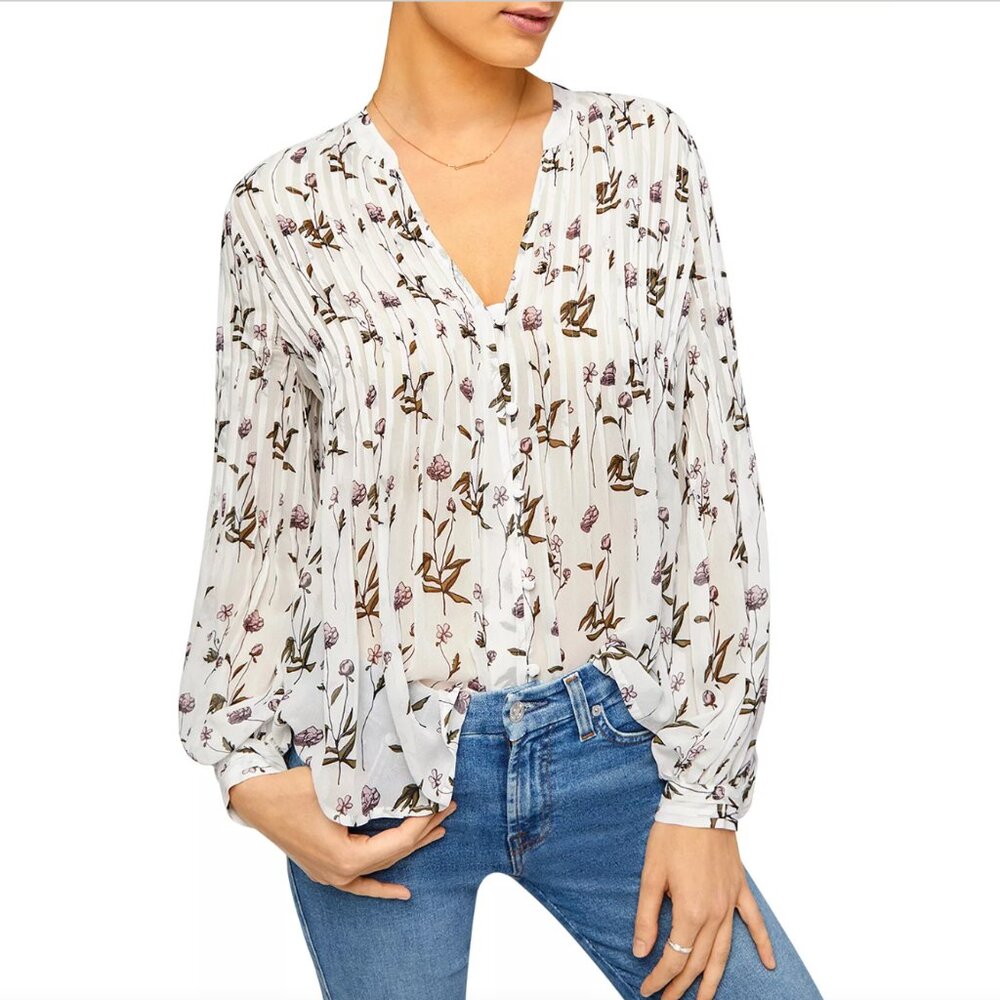*NWOT*  7 for All Mankind Pintuck V-Neck Shirt - Floral Multi - Size Small